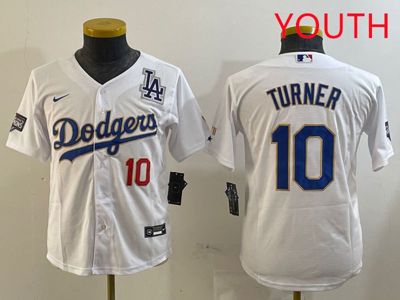 Youth Los Angeles Dodgers #10 Turner White Gold Game 2025 Nike MLB Jersey style 2->youth mlb jersey->Youth Jersey
